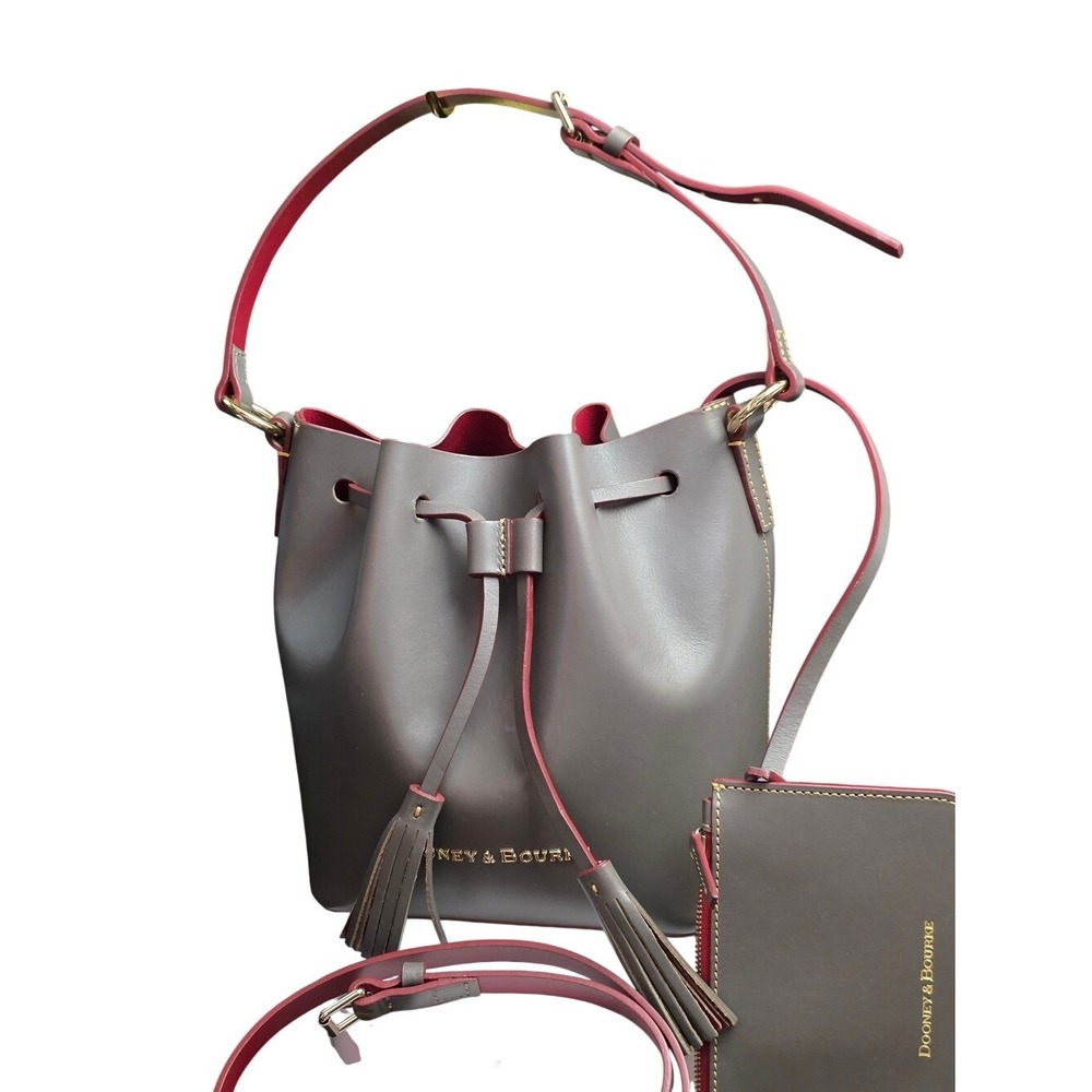 Dooney & Bourke Serena Bucket Bag Grey Red Drawstring Tassel Pouch Classic Luxe